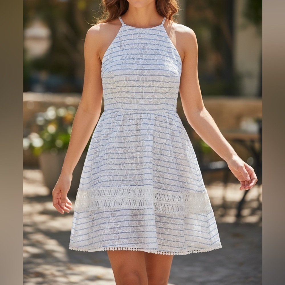 J by JOA White Stripe Halter Fit and Flare Dress Lace Floral M 6